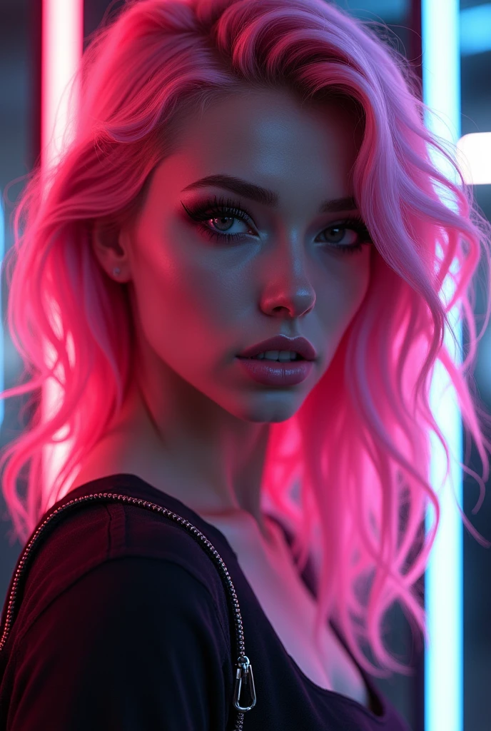 "Striking, ultra-realistic digital portrait of a female figure with vibrant, neon-pink hair flowing in soft, voluminous waves, her captivating gaze and alluring expression accentuated by dramatic, smoky eye makeup, against a moody, atmospheric backdrop of pulsing neon lights, futuristic and cyberpunk-inspired, by artists like Raphael Lacoste and Alexander Forssberg."

The image depicts a visually striking female subject with long, vividly pink hair styled in soft, voluminous waves. Her gaze is captivating, with dramatic, smoky eye makeup enhancing her alluring expression. The figure is set against a moody, atmospheric backdrop featuring pulsing neon lights, creating an immersive, futuristic and cyberpunk-inspired aesthetic.