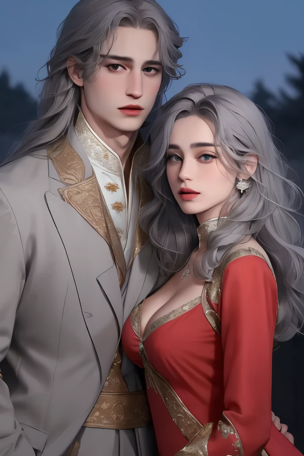 ((realistic)), (masterpiece), (5K), (best quality), 2d Couple, ((a young gray hair couple)), ((a gray long hair woman , vivid eyes, small boobs, red dress)), brown eyes, ultra well detailed eyes, ((a gray hair guy, wearing a prince cloth, royal clothes)), beautiful couple pose, (summer night walk)