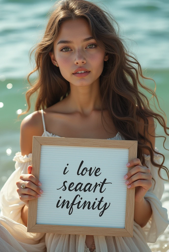 Beautiful girl with wavy long hair, bohemian dress, holding a white board with text "I Love Seaart Infinity" and showing it to the viewer