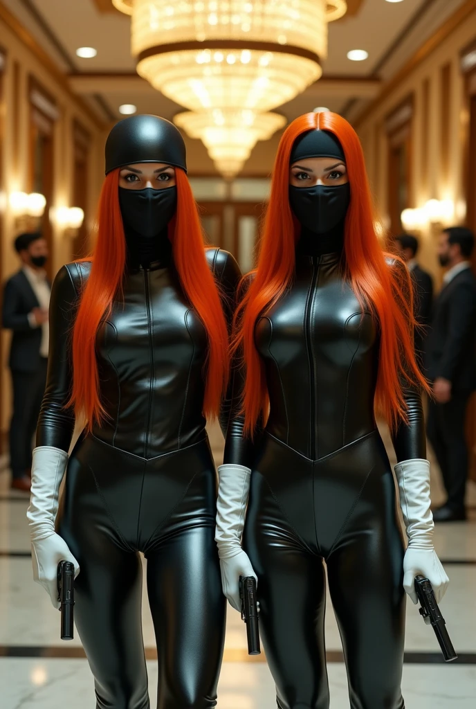 2 women wearing tight leather outfits and wearing a long orange hair perugu and wearing white leather gloves and Lons hold up a hotel and take hostages with guns and who wear a balaclava 