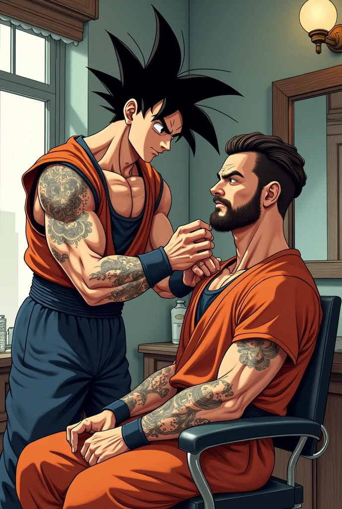 Goku with goatee and barber suspenders cutting Johan's hair in a classic barbershop with tattoos with a classic drawing
