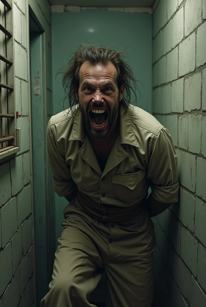 Sexy crazy man in a straitjacket in an asylum