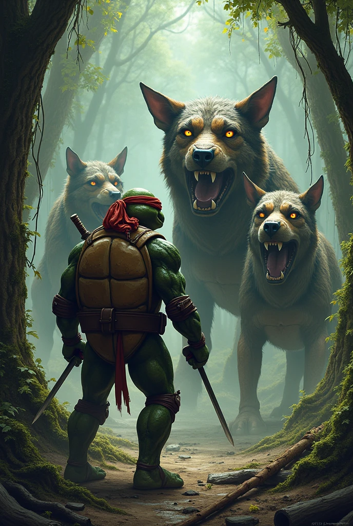 age Mutant Ninja Turtle blocking three-headed dogs' path with felled trees