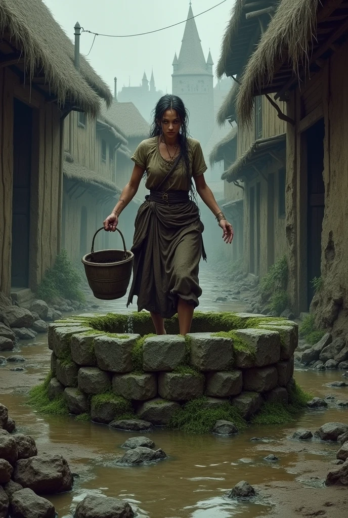 a woman fetching water from a dirty well in an ancient and dirty medieval village