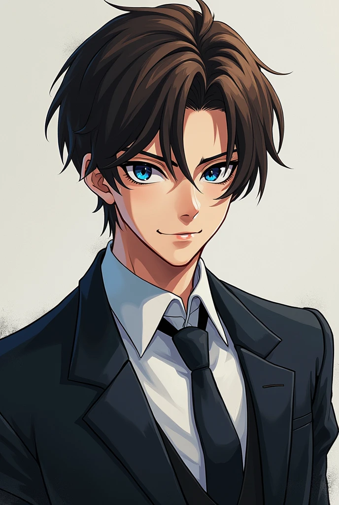 Best image quality, ​masterpiece, heavy acrylic, pen touch, Screenshots from movies, User image, portrait, brunette, blue eyes, suit, young man, bad, devilish, Anime-Series, pixiv