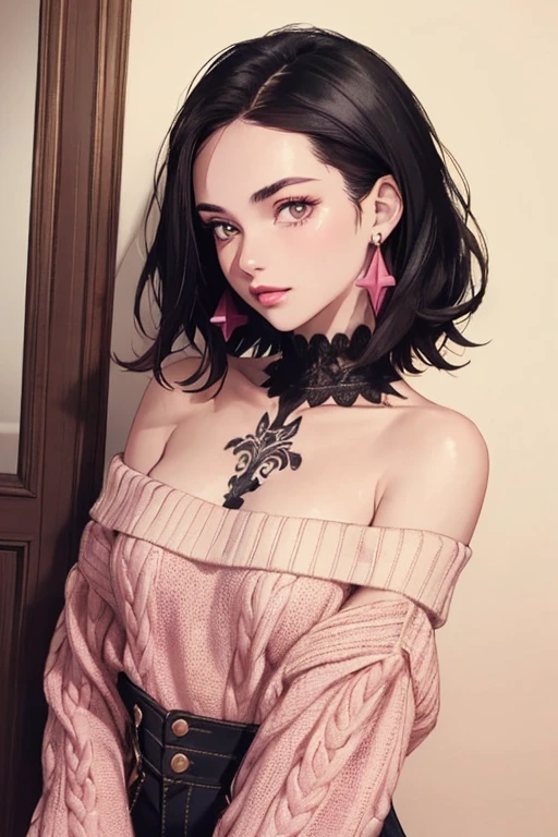 ((best quality)), ((masterpiece)), (detailed), 1girl, off-shoulder sweater, black hair, shoulder-length hair, brown eyes, matte pink lips, black hair, left-shoulder tattoo, body, small chest, slight teasing, slight smile