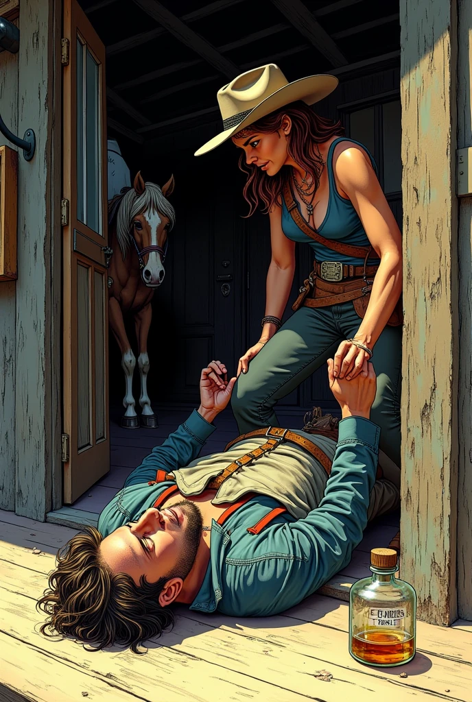 Hyperrealistic color comic 1950s a drunk cowboy lying outside with a bottle of liquor in his hand at the door of a saloon his horse next to him in the American Wild West a woman helps him up
