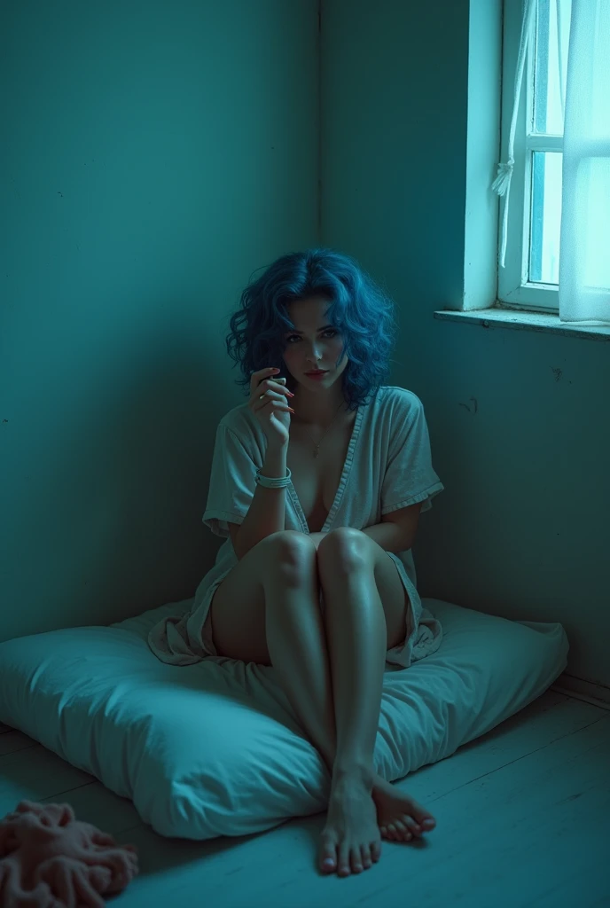 Image of woman with medium curly blue hair, decadent smoking sitting on a mattress on the floor in the corner of the wall in the shoegaze vibe