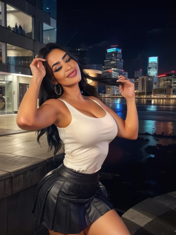 (RAW photos, best quality), (realistic, photorealistic: 1.2), (round face: 1), 1 girl, selfie outdoor, (high detail skin: 1.2), (puffy eyes), (lying silkworm), smile, collarbone, air bang, straight brown black hair, pure black pleated skirt, soft lighting, high quality, cityscape, skyline, night, rain, wet, professional lighting, Photon mapping, radiosity, physically based rendering,