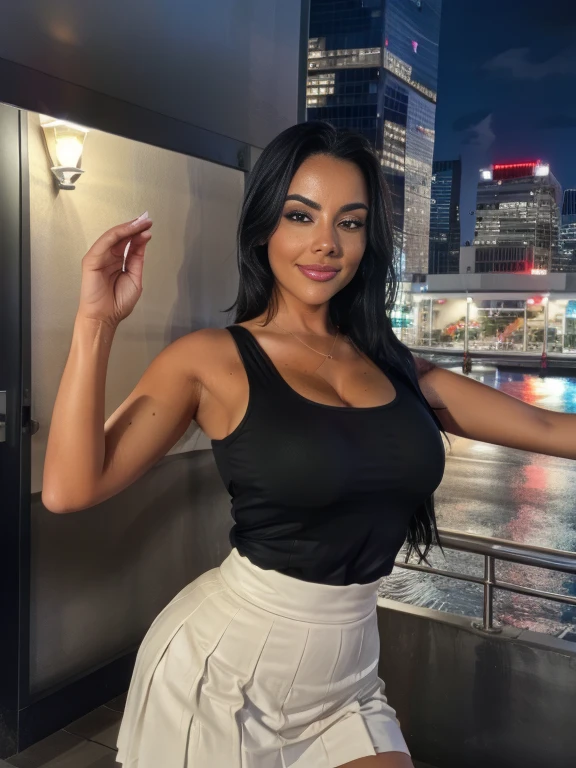 (RAW photos, best quality), (realistic, photorealistic: 1.2), (round face: 1), 1 girl, selfie outdoor, (high detail skin: 1.2), (puffy eyes), (lying silkworm), smile, collarbone, air bang, straight brown black hair, pure black pleated skirt, soft lighting, high quality, cityscape, skyline, night, rain, wet, professional lighting, Photon mapping, radiosity, physically based rendering,