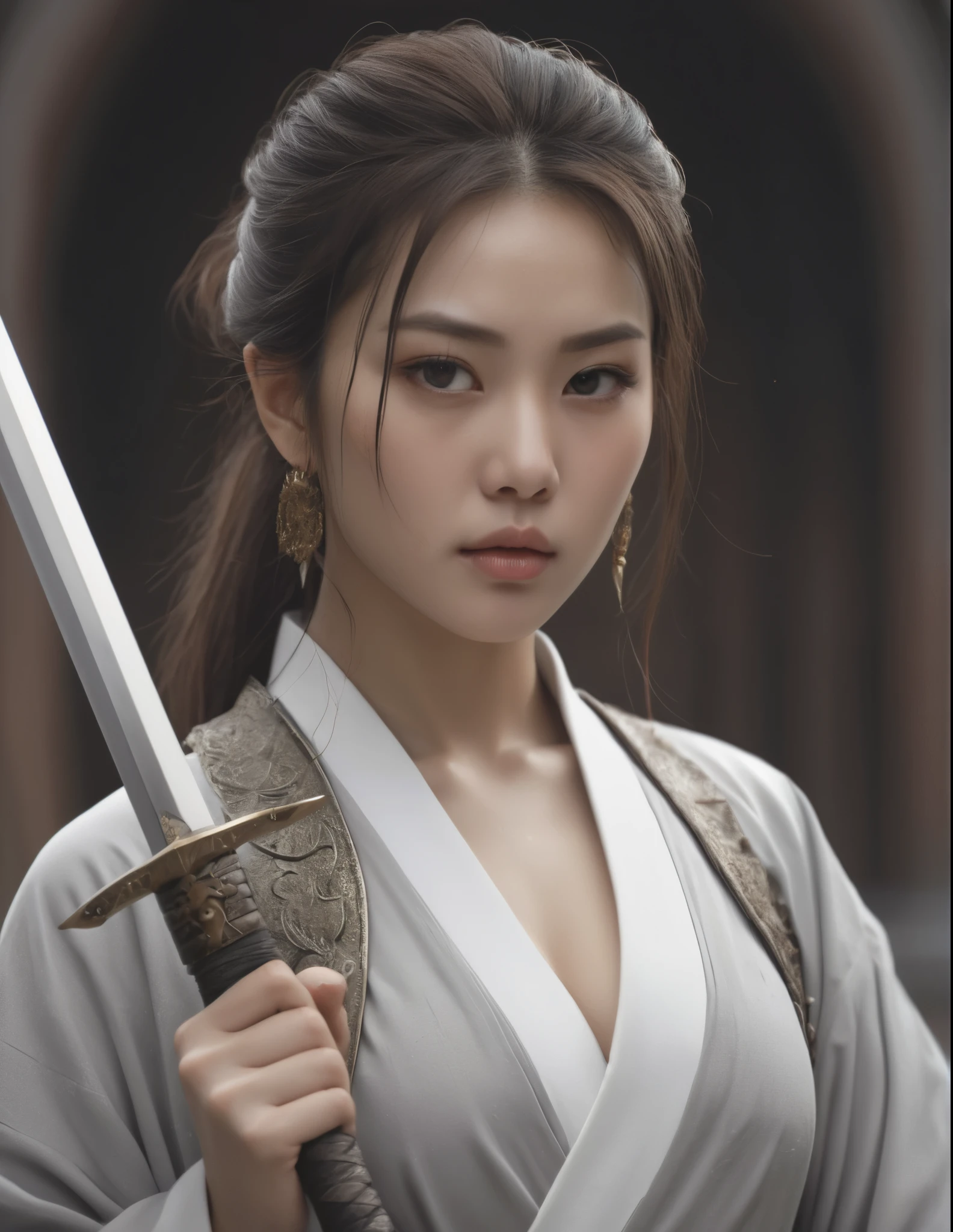asian 1girl, high quality,masterpiece,8k,ultra-detailed,cinematic lighting,dramatic lighting,dramatic pose,powerful,imposing,muscular build,serious expression,piercing brown eyes,sharp features,exquisite details,refined features,elegant,flowing robes,ornamental sword,battle-worn,gritty,fantastical,editorial illustration style,monochromatic,white and gray tones,loish