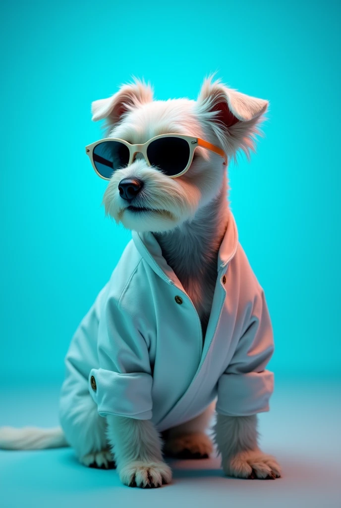 The best cell phone wallpaper, Award-Winning Wallpaper, portrait photography, In the front view is a portrait of a cute dog wearing mid-1960s space age fashion, Side view photo, Shot with Canon EOS R5, Set a strong contrast that accentuates the subject, Fluorescent blue tone, Wearing a very modern coat and sunglasses is a modern 1960s style, Clothes all in one color, beautiful background