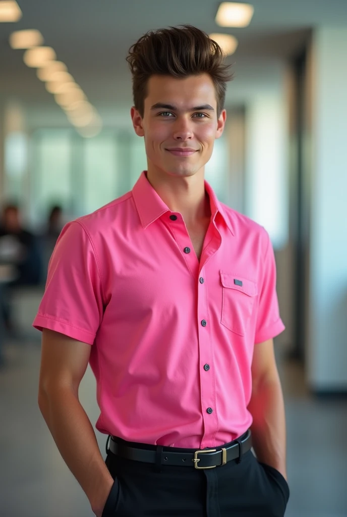 big elvis pompadour, young man, wearing a pink polo shirt tucked in with black buttons, office, brown hair, wig