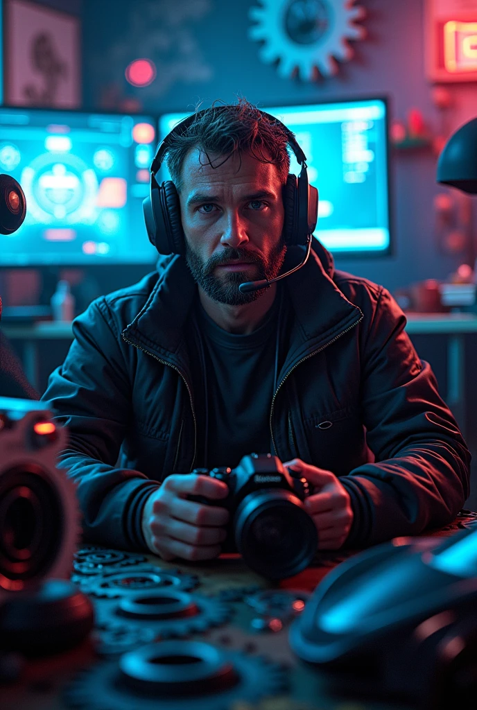 man surrounded by custom racing cars, collectible figures, and RC cars, wearing a gaming headset and holding a high-tech camera, with gears and technological gadgets scattered around him, against a dimly lit, neon-lit background with flashing screens and futuristic lights.