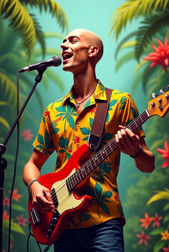 /imagine thin bald mexican man, smooth face singing samba with tropical Brazilian t-shirt and a bass