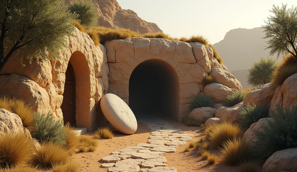 Create a realistic image of Jesus' tomb, as described in the Bible. The scene should include a cave in a hill, with an arched entrance. The entrance to the tomb must be closed by a large round stone, which is positioned in front of the opening. The scene should be softly lit by morning light., highlighting the texture of the rock and the surrounding vegetation, such as olive trees and shrubs typical of the region. The environment should convey a sense of reverence and stillness., capturing the historical and spiritual importance of the site.