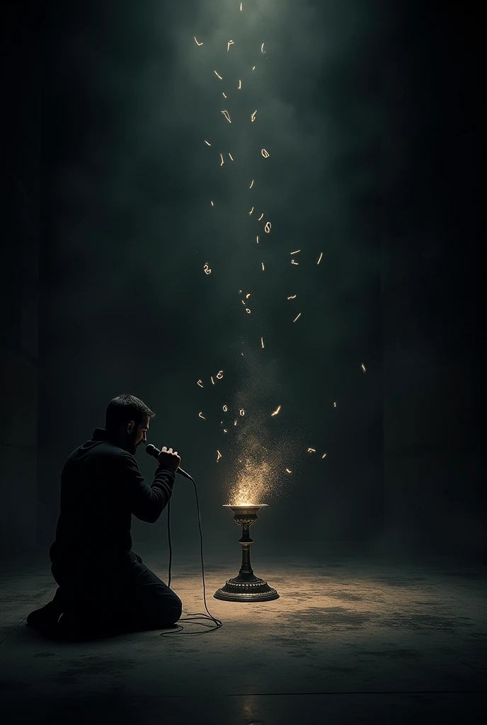 Black room with a man with a microphone in his hand, Kneeling, looking at an illuminated monstrance with musical notes around it