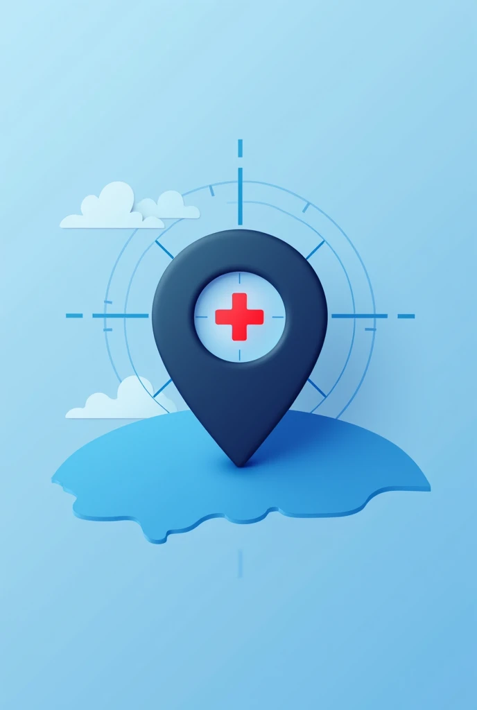 Logo Instructions:

Logo Center: Place a locator icon (like the GPS symbol) very large and centralized.

fund: Ao fundo, add a picture of a GPS map in a subtle way, or something that resembles a map. The map may be visible below the locator, so that it does not overload the design.

Main Detail: In the center of the locator, insert only one health cross. Do not add other elements around the cross.

colors:

Localizador e fund: Use shades of blue for the locator and map background, so that they are harmonious and create a pleasant contrast.
Health Cross: Make the health cross in red, so that it stands out well against the blue background.
Additional Detail: Use white to highlight some details and create good definition., especially around the crosshair and on the finder itself.
General Style: Keep the design clean and modern, with well-defined lines and a look that is easy to understand and remember. The cross must be clearly visible and the background must not compete with the main element..