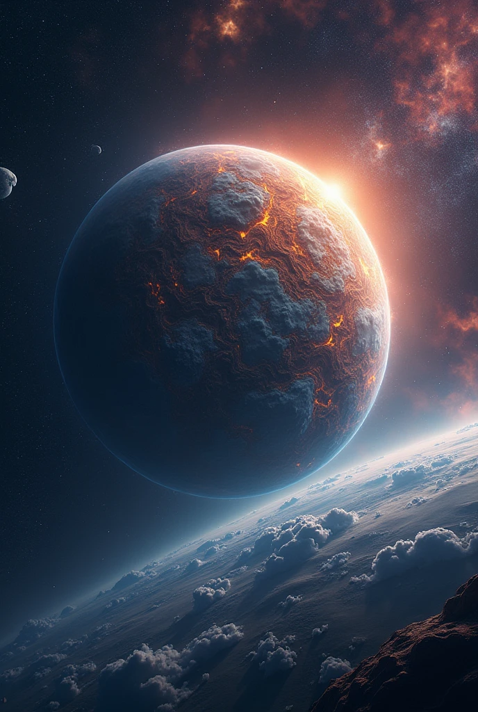 A shot of an alien planet out of its orbit. The planet is vibrant with intricate colors and texture including land and sea. Millions of stars and few planets and nebulas are scattered on the black space. Realistic, hyperrealism, high resolution, extreme quality, sharp details, 4k hdr