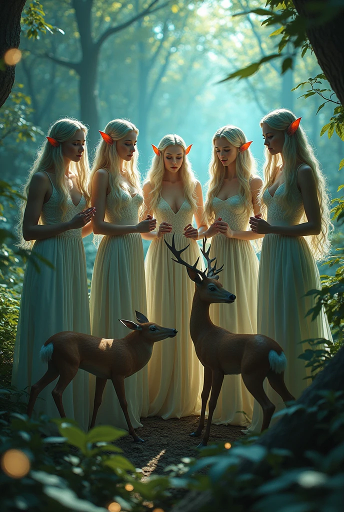 a beautiful group of 5 sexy elf witches, long colorful hair, casting spell, enchanted forest, deer at their feet, (best quality,4k,8k,highres,masterpiece:1.2),ultra-detailed,(realistic,photorealistic,photo-realistic:1.37),breathtaking landscape,dramatic lighting,cinematic composition,vibrant colors,magical realism