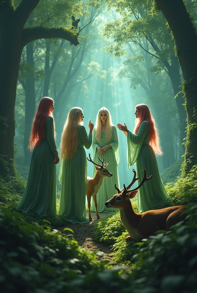 a beautiful group of 5 sexy elf witches, long colorful hair, casting spell, enchanted forest, deer at their feet, (best quality,4k,8k,highres,masterpiece:1.2),ultra-detailed,(realistic,photorealistic,photo-realistic:1.37),breathtaking landscape,dramatic lighting,cinematic composition,vibrant colors,magical realism