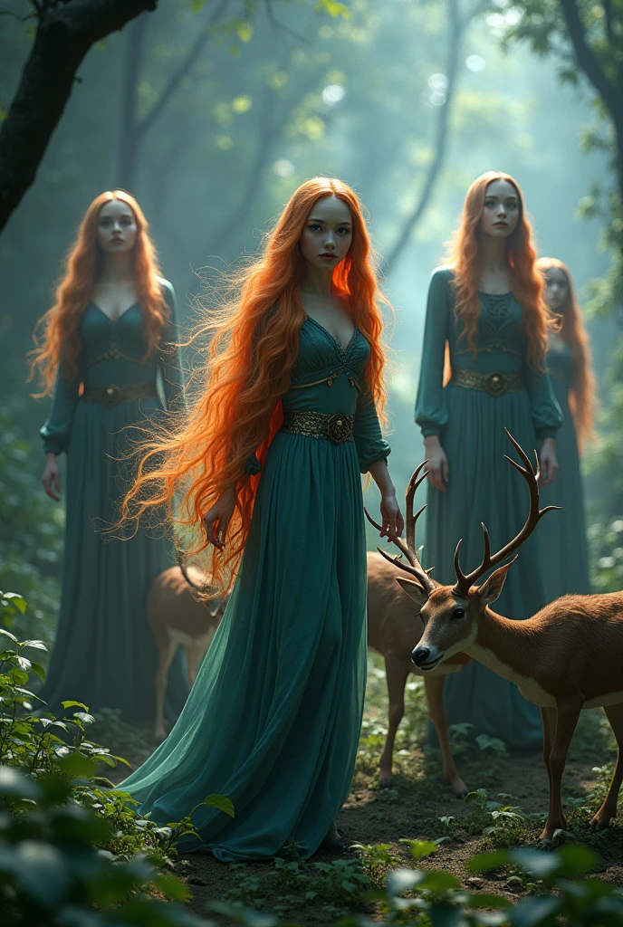 a beautiful group of 5 sexy elf witches, long colorful hair, casting spell, enchanted forest, deer at their feet, (best quality,4k,8k,highres,masterpiece:1.2),ultra-detailed,(realistic,photorealistic,photo-realistic:1.37),breathtaking landscape,dramatic lighting,cinematic composition,vibrant colors,magical realism