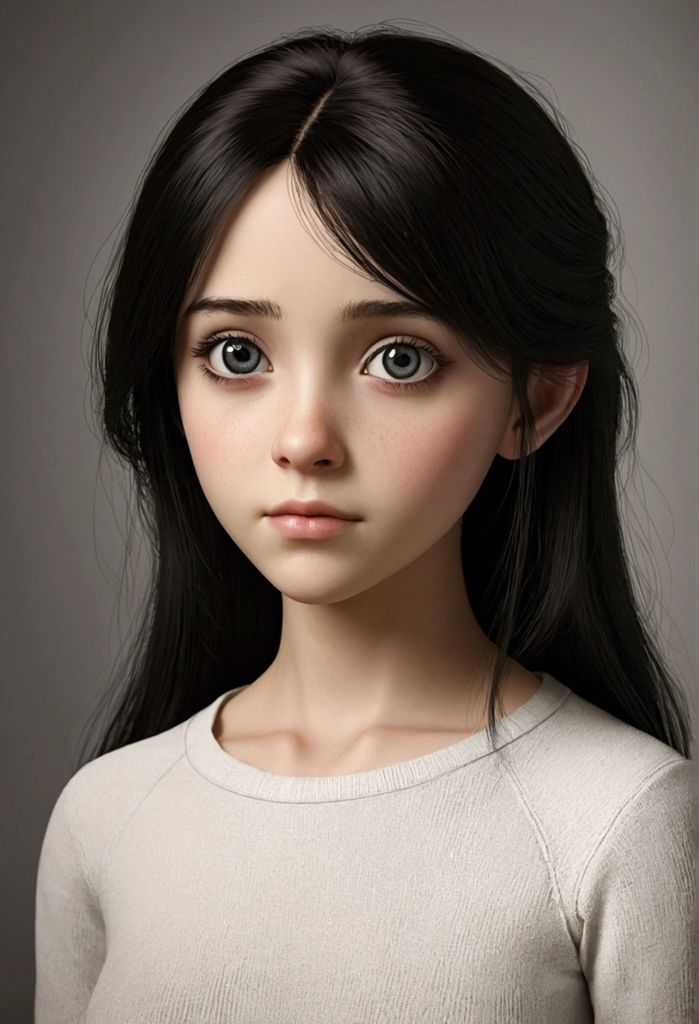 Realistic, humanoid, female, , dark hair, big eyes, farther apart eyes, shy