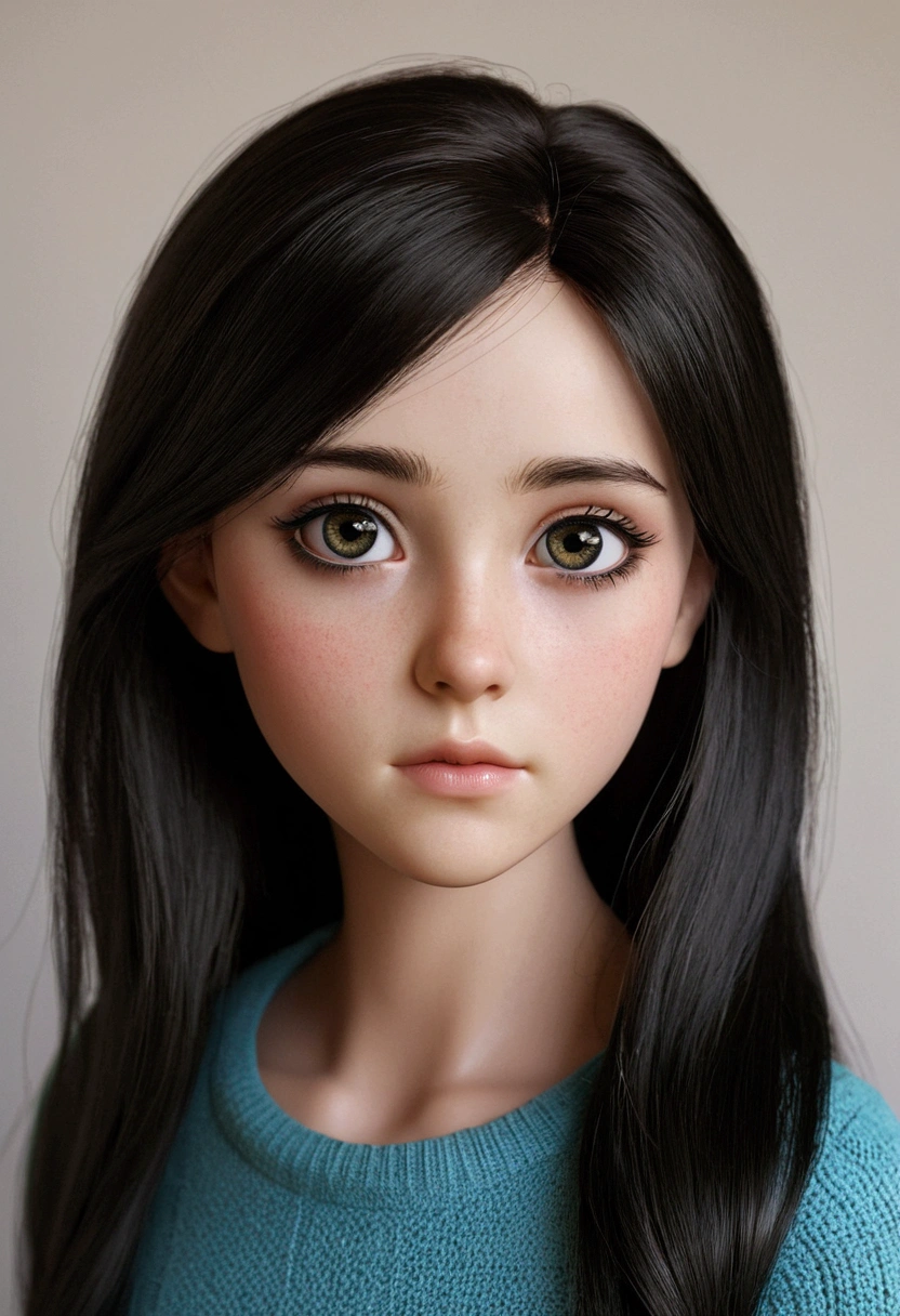 Realistic, humanoid, female, , dark hair, big eyes, farther apart eyes, shy