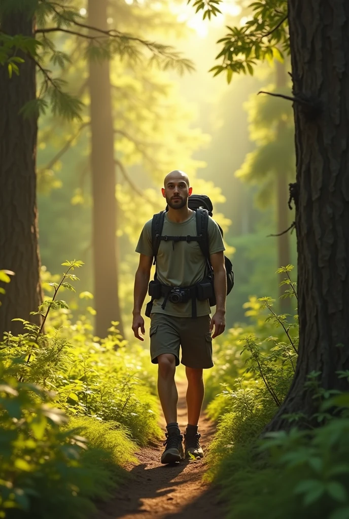 38 year man, slim, walking in forest, day, sun, shaved shape and head, brown eyes, tourist equipment