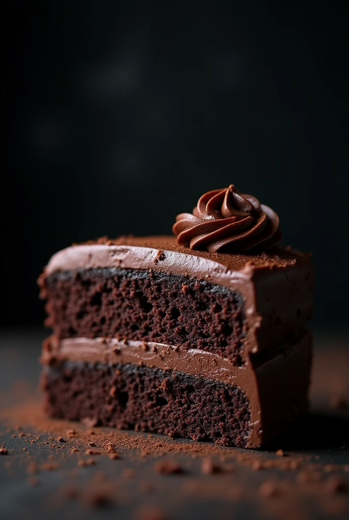 cinematic film still chocolate, chocolate cake, dark background, quality photo, moist texture, frosting, studio photo, slice . shallow depth of field, vignette, highly detailed, high budget, bokeh, cinemascope, moody, epic, gorgeous, film grain, grainy