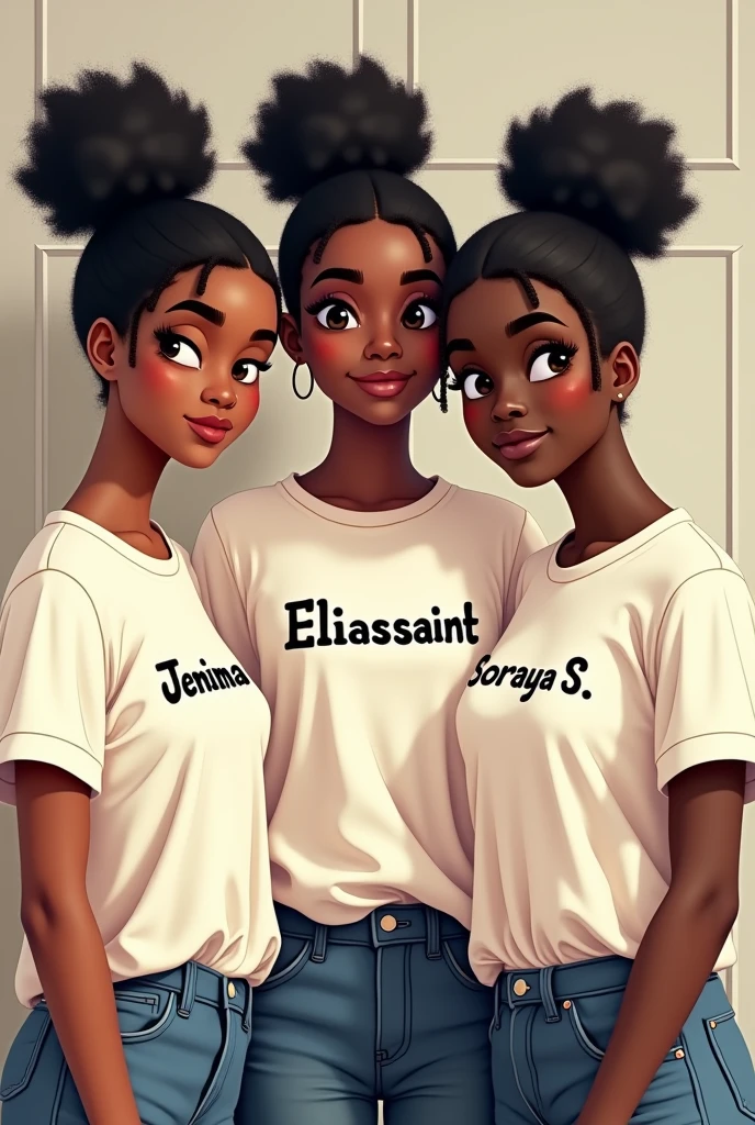 
Trois amies filles qui portent des gros t-shirt , le premier t-shirt est écrit Jemima , le deuxième t-shirt est écrit Eliassaint et le troisième t-shirt est écrit Soraya .S . Elles sont noirs , elles n’ont pas beaucoup de cheveux, elles ont fait des chignons. Il faut que les noms sur les t-shirt se voient clairement Il ne faut pas oublier de mettre un point et un S majuscule sur le troisième t-shirt Je ne veux pas des images d'enfants car elles ont 19 ans.