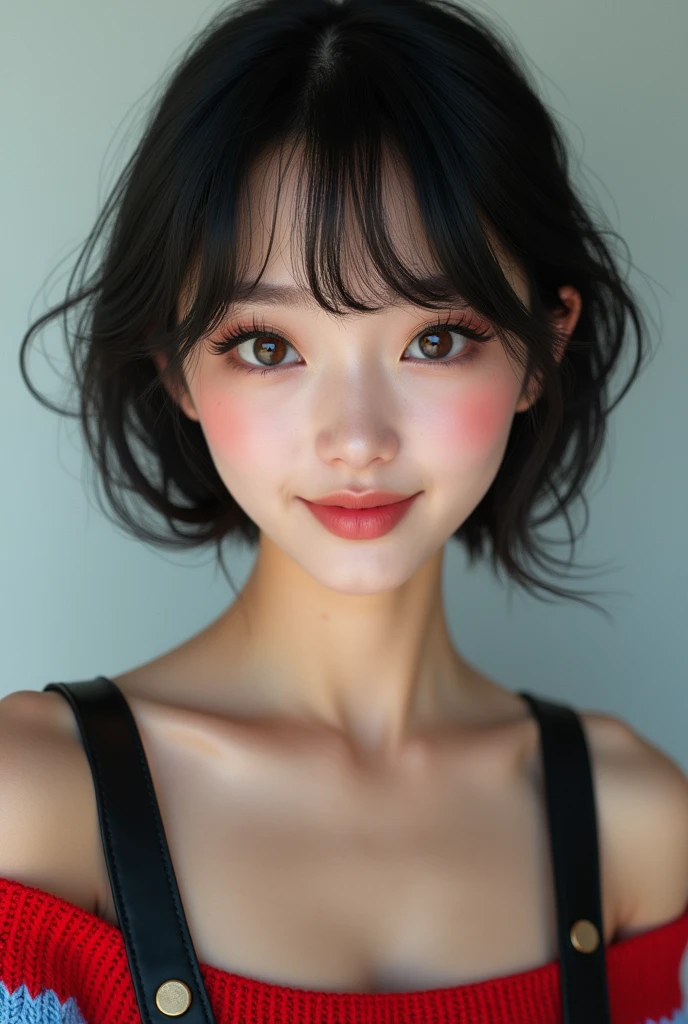 (masuter piece:1.3)、(8k、Photorealsitic、Raw photography、top-quality: 1.4)、(1girl in)、Beautiful face、(Lifelike face)、(A darK-haired、short-hair:1.3)、Beautiful hairstyle、(bangss)、(A slight smil)、smil、realisticeyes、Gloss、Highlight、Highlights in the eyes、Eye lashes、Beautiful details、(real looking skin)、Beautiful skins、Transparency、off shoulders、Red Knitwear、Blue Knitwear、Black shoulder strap、Shoulder buttons、Thick choker、busts、A slight smil、smil、A smile、tooth、absurderes、enticing、超A high resolution、A hyper-realistic、high-detail、the golden ratio、Clear eyes、Wet、mole、Look into the camera、ear、glitter、long neck、Double eyelids、Big eyes、teak、kind personality、charming personality、Gentle、moving、Overwhelming attraction、Bright character、on the beds