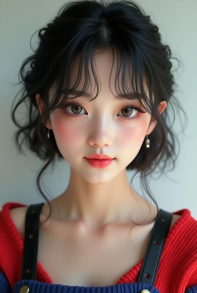 (masuter piece:1.3)、(8k、Photorealsitic、Raw photography、top-quality: 1.4)、(1girl in)、Beautiful face、(Lifelike face)、(A darK-haired、short-hair:1.3)、Beautiful hairstyle、(bangss)、(A slight smil)、smil、realisticeyes、Gloss、Highlight、Highlights in the eyes、Eye lashes、Beautiful details、(real looking skin)、Beautiful skins、Transparency、off shoulders、Red Knitwear、Blue Knitwear、Black shoulder strap、Shoulder buttons、Thick choker、busts、A slight smil、smil、A smile、tooth、absurderes、enticing、超A high resolution、A hyper-realistic、high-detail、the golden ratio、Clear eyes、Wet、mole、Look into the camera、ear、glitter、long neck、Double eyelids、Big eyes、teak、kind personality、charming personality、Gentle、moving、Overwhelming attraction、Bright character、on the beds