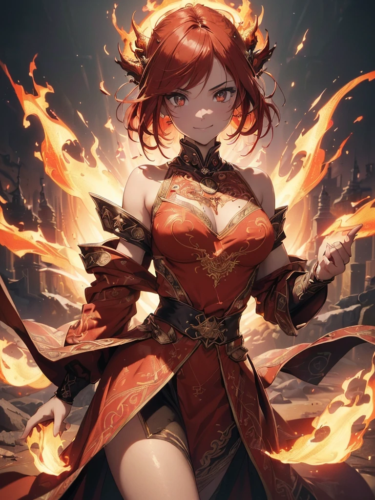 (((best quality, sharp image, clear image, cinematic lighting, 8k resolution, masterpiece, ultra detailed, intricate))) Girl, (((looking over left shoulder))), ((zoom in)), fire mage, ((intricate background)), ((chaotic background)), red hair, smiling, ((flame runes, flame sigils)), (tatoo on back), slim figure, flying sigils, long dress, cute