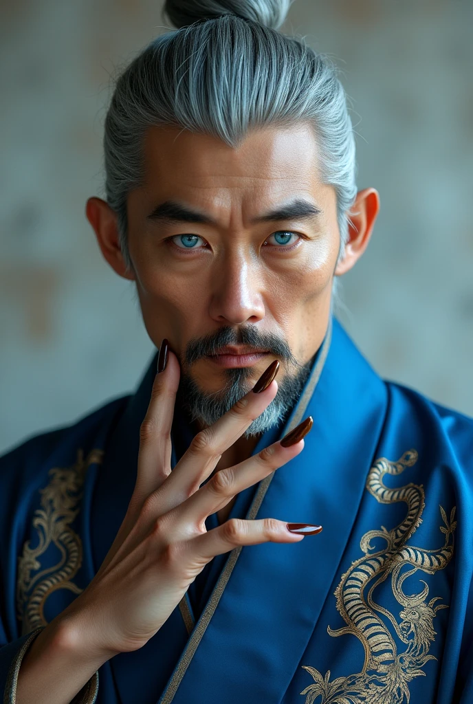 A 30 year old Asian man with bright blue eyes with beautiful gray hair with horns and claws on his large hands, with blue Irotomesode with oni details.


