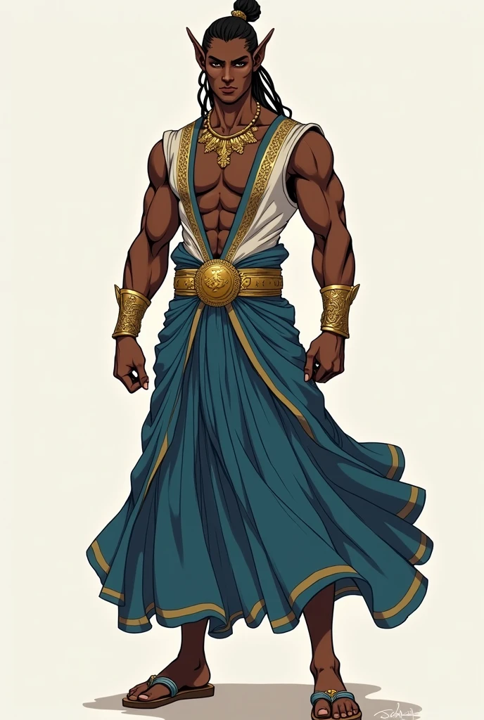 **Model Description:**

The model is a male elf  figure with a lean build. His skin tone is depicted as dark, likely representing a person of color. He has a broad chest and defined arms, emphasizing his strength and physical presence. His facial features are not fully visible, but his overall silhouette suggests a confident and commanding demeanor.

**Outfit Description:**

The outfit is a blend of traditional and stylized elements, possibly inspired by ancient Middle Eastern or North African cultures. It consists of several pieces:

* **Top:** The model wears a sleeveless vest or tunic with a plunging neckline, revealing his muscular upper body. The vest is adorned with intricate gold detailing, suggesting a high-status or regal position.
* **Bottom:** He wears a long, flowing skirt or dhoti, reaching his ankles. The skirt is a deep blue color and appears to have a draped or layered effect, creating a sense of movement and elegance.
* **Accessories:** The model's waist is cinched with a wide, gold belt, further emphasizing his muscular physique. He also wears a pair of sandals, likely made of leather or cloth.

Overall, the outfit conveys a sense of luxury, power, and sophistication. The combination of traditional elements and modern styling creates a unique and visually appealing look.
.

2d fashion design style of picture. Anime-ush