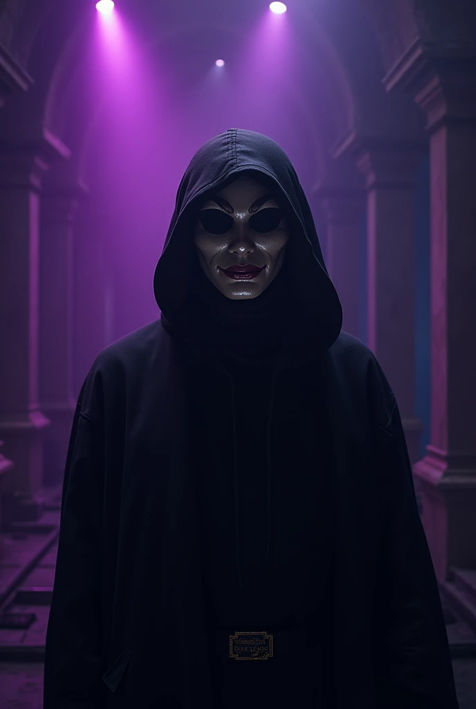 A dark space with purple lights next to a theatrical mask