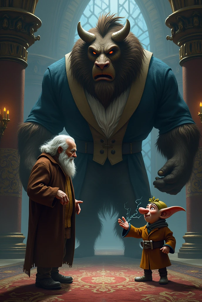 Make an old man and dwarf animafo talking to the beast from Disney&#39;s Beauty and the Beast in his castle 