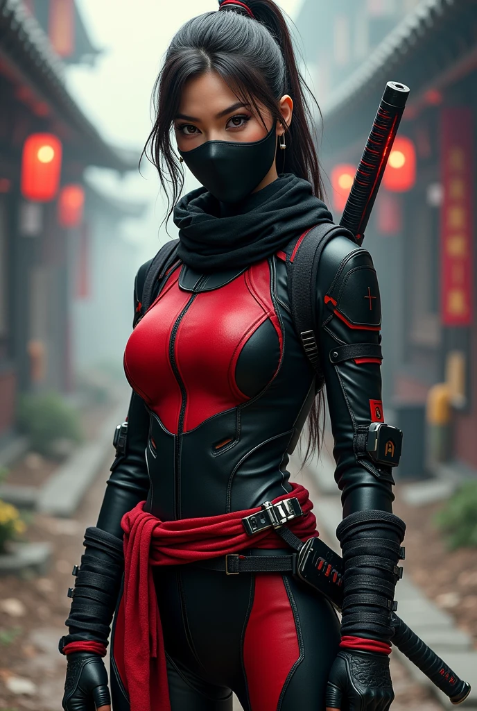 A woman dressed in a stylized ninja outfit, predominantly black with red accents, suggesting a blend of traditional ninja garb with modern elements. The outfit includes a mask covering the lower half of her face, leaving her eyes visible. These eyes convey a confident and almost playful expression. Her hair is dark and long, tied back to not obstruct her vision or movement, with a touch of red matching the accents of her attire. She is adorned with what appear to be armguards and a utility belt, likely equipped with various tools and essential weapons for a ninja. A katana is seen tied to her back. The clothing is form-fitting., masterpiece, textured skin, highres