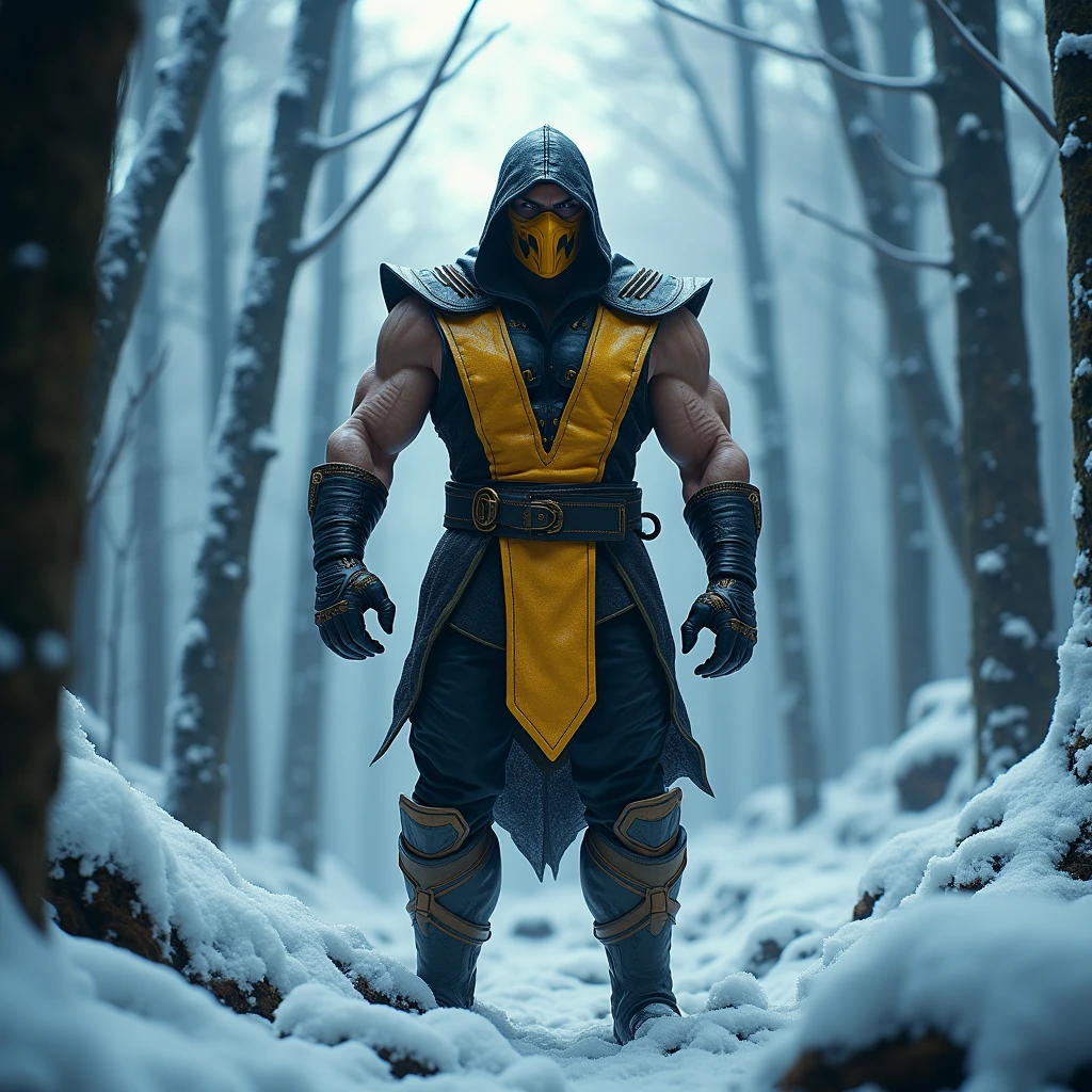 (masterpiece:1.2) (best quality) (detailed) (intricate) (8k) (HDR) (wallpaper) (cinematic lighting) (sharp focus), MKX Scorpion from mortal Kombat, Scorpion standing menacingly in an ice forest,dark lighting, dynamic angle, muscular build