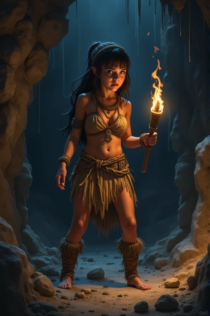 Girl in primitive costume scared in a cave with only a torch