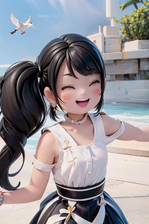 a joyful girl smiling, open mouth smile, closed eyes, black hair, hairbow, earrings, choke, bracelet, extremely happy, open arms, feeling the wind, birds flying around, sunshine