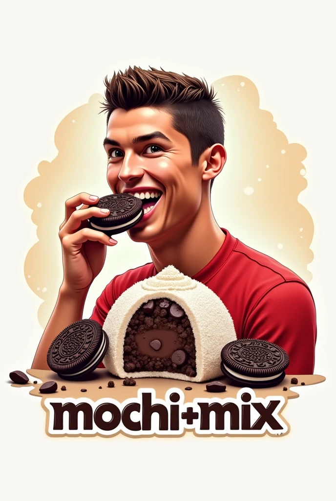 Create a logo with a mochi in the middle and Cristiano Ronaldo eating an oreo mochi and a text in the center saying mochi mix more realistic 

