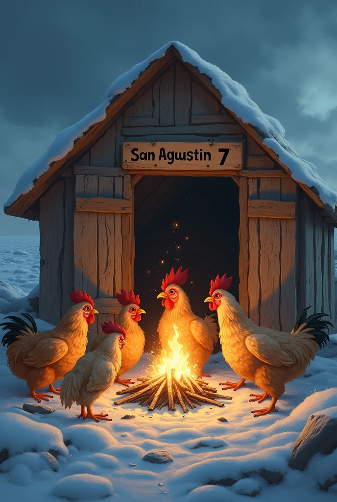 CHICKENS MAKING A CAMPFIRE INSIDE THE ROOFLESS BREEDING SHED AT THE SOUTH POLE WITH A SIGN THAT SAYS SAN AGUSTIN 7