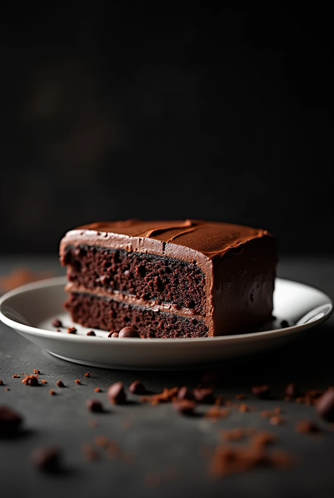cinematic film still chocolate, chocolate cake, dark background, quality photo, moist texture, frosting, studio photo, slice . shallow depth of field, vignette, highly detailed, high budget, bokeh, cinemascope, moody, epic, gorgeous, film grain, grainy