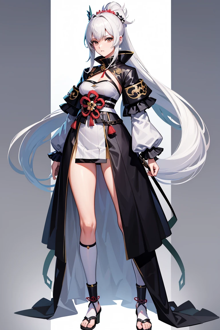 design de anime garota, garota de roupas coplexas, design de roupas inspiradas em samurai, garota full body, design de personagem, fundo branco, samurai garota, samurai tradicional.