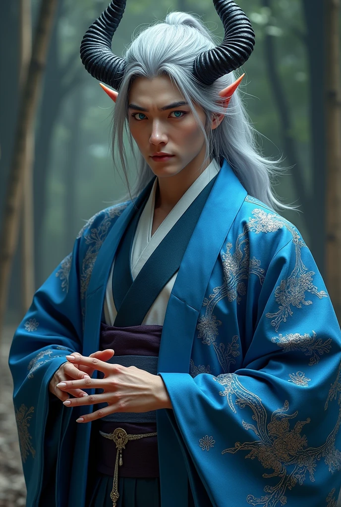 A 30 year old Asian man with bright blue eyes with beautiful gray hair with horns, and claws in the big hands, with blue Irotomesode with oni details.

