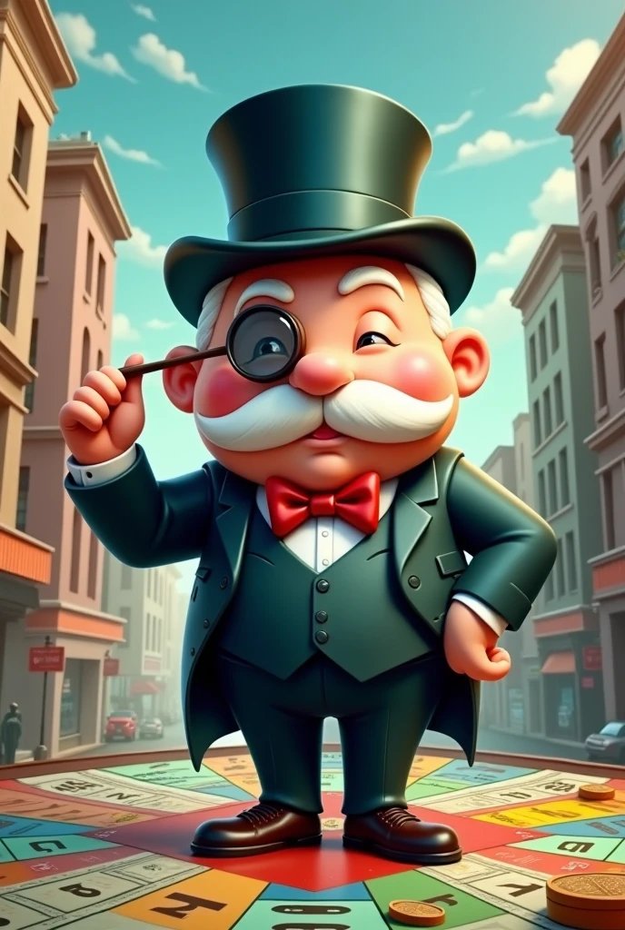 A monopoly-style cartoon character related to economics