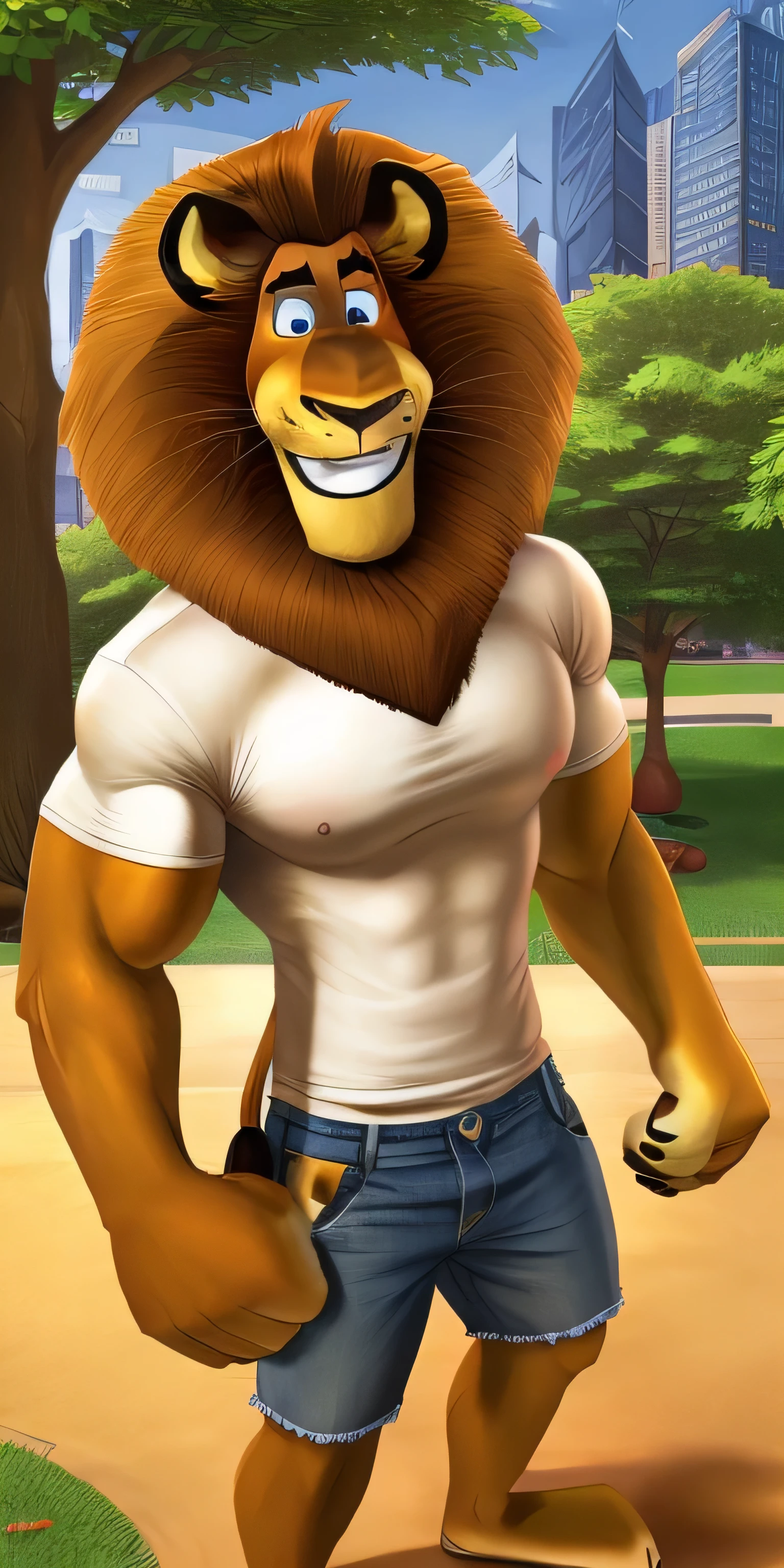 Alex the Lion, muscular body, big biceps, extremely beautiful and cute face, perfectly detailed blue eyes with perfectly detailed black pupils, wears white t-shirt, denim cargo shorts, bare feet, park background, selfie, friendly look, smiling, hot