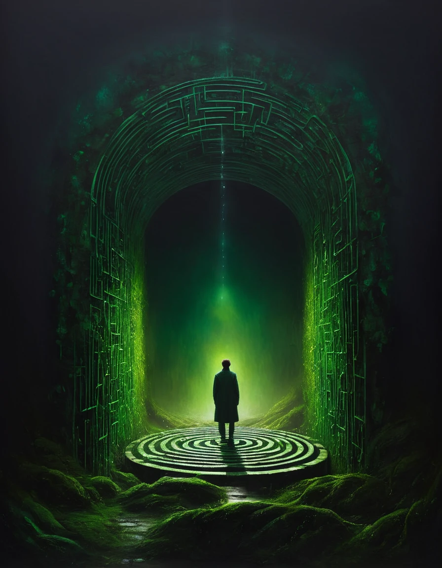 painting of a green labyrinth, dark atmosphere, cinematic scene, volumetric lights, ultra realistic, in the style of nicola samori